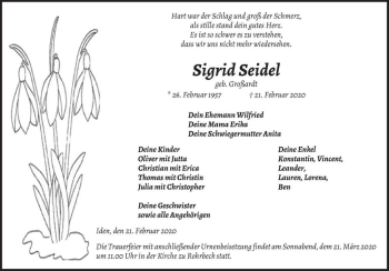 Traueranzeige von Sigrid Seidel (geb. Großardt)  von Magdeburger Volksstimme