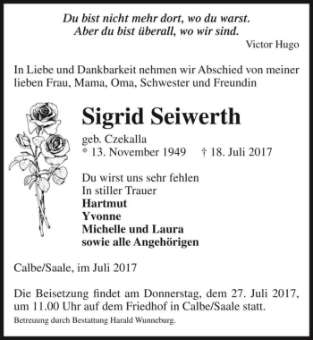 Traueranzeige von Sigrid Seiwerth (geb. Czekalla)  von Magdeburger Volksstimme