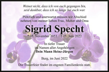 Traueranzeige von Sigrid Specht  von Magdeburger Volksstimme