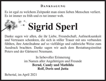Traueranzeige von Sigrid Sperl  von Magdeburger Volksstimme