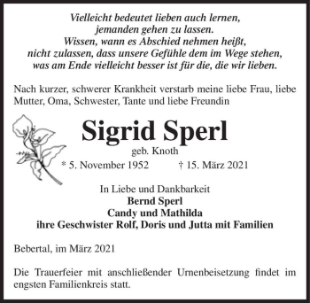 Traueranzeige von Sigrid Sperl (geb. Knoth)  von Magdeburger Volksstimme