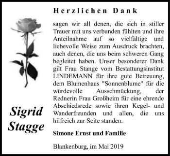 Traueranzeige von Sigrid Stagge  von Magdeburger Volksstimme