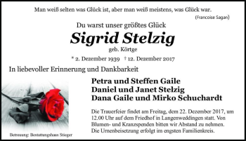 Traueranzeige von Sigrid Stelzig (geb. Körtge)  von Magdeburger Volksstimme