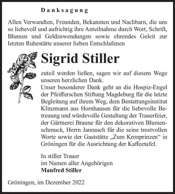 Traueranzeige von Sigrid Stiller  von Magdeburger Volksstimme