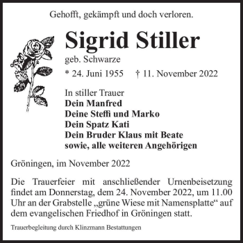 Traueranzeige von Sigrid Stiller (geb. Schwarze)  von Magdeburger Volksstimme