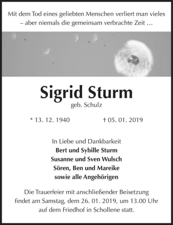 Traueranzeige von Sigrid Sturm (geb. Schulz)  von Magdeburger Volksstimme