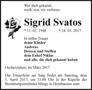 Traueranzeige von Sigrid Svatos  von Magdeburger Volksstimme
