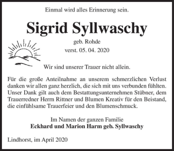 Traueranzeige von Sigrid Syllwaschy (geb. Rohde)  von Magdeburger Volksstimme