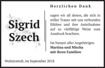 Traueranzeige von Sigrid Szech  von Magdeburger Volksstimme