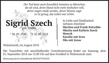 Traueranzeige von Sigrid Szech (geb. Truthe)  von Magdeburger Volksstimme