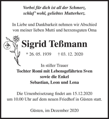 Traueranzeige von Sigrid Teßmann  von Magdeburger Volksstimme