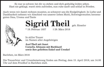 Traueranzeige von Sigrid Theil (geb. Riesel)  von Magdeburger Volksstimme