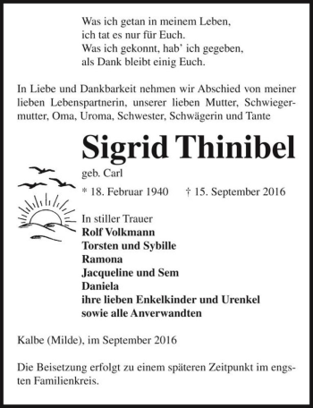 Traueranzeige von Sigrid Thinibel (geb. Carl)  von Magdeburger Volksstimme