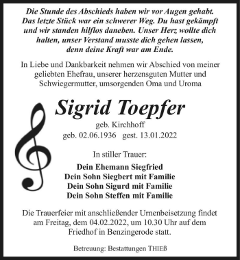 Traueranzeige von Sigrid Toepferr (geb. Kirchhoff)  von Magdeburger Volksstimme