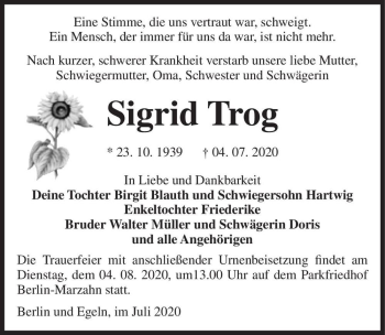 Traueranzeige von Sigrid Trog  von Magdeburger Volksstimme