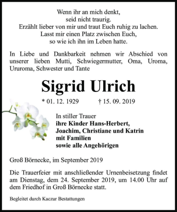 Traueranzeige von Sigrid Ulrich  von Magdeburger Volksstimme