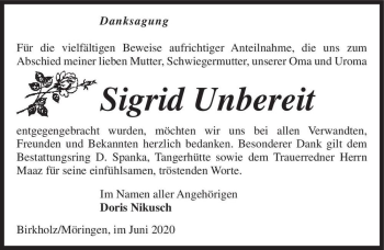 Traueranzeige von Sigrid Unbereit  von Magdeburger Volksstimme