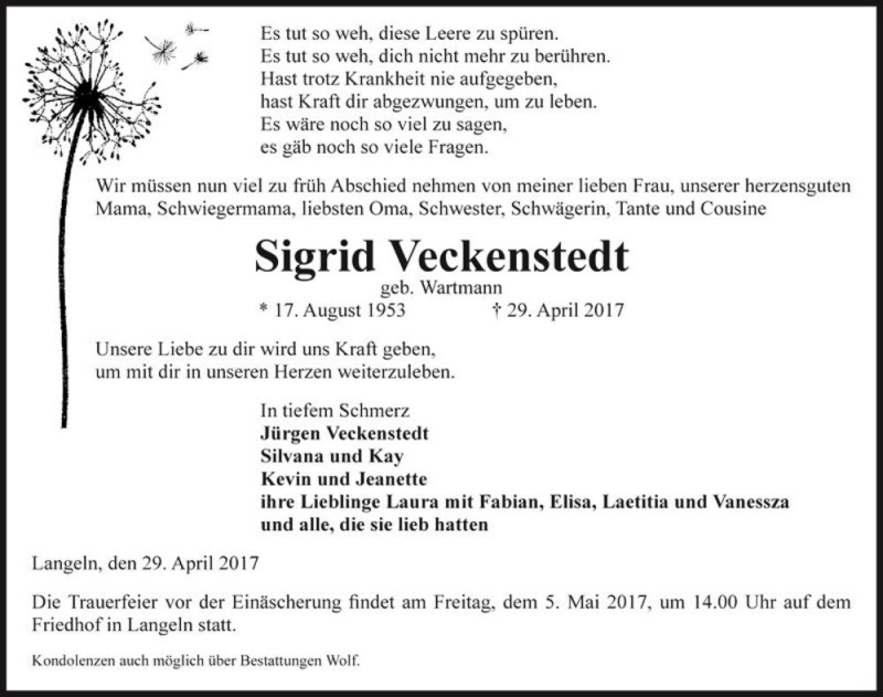  Traueranzeige für Sigrid Veckenstedt (geb. Wartmann)  vom 04.05.2017 aus Magdeburger Volksstimme