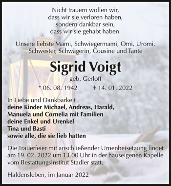 Traueranzeige von Sigrid Voigt (geb. Gerloff)  von Magdeburger Volksstimme