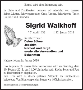 Traueranzeige von Sigrid Walkhoff  von Magdeburger Volksstimme