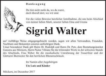 Traueranzeige von Sigrid Walter  von Magdeburger Volksstimme