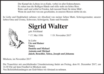 Traueranzeige von Sigrid Walter (geb. Ferchland)  von Magdeburger Volksstimme