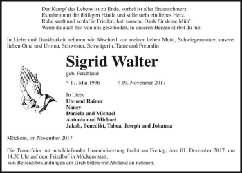 Traueranzeige von Sigrid Walter (geb. Ferchland)  von Magdeburger Volksstimme