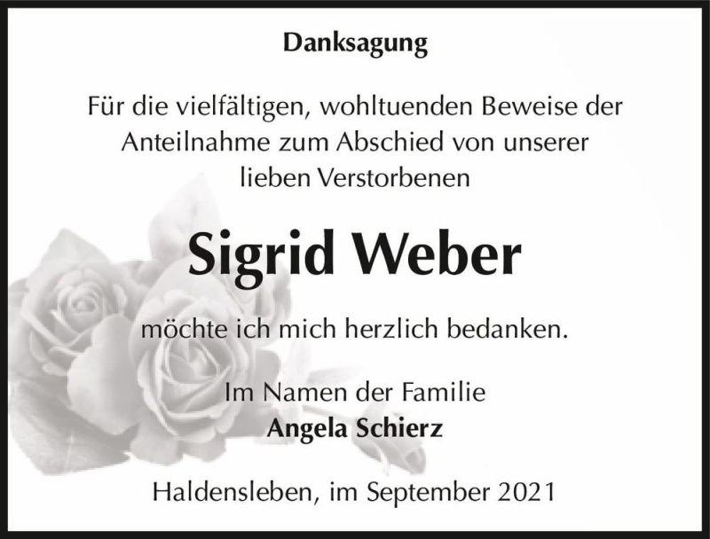  Traueranzeige für Sigrid Weber  vom 25.09.2021 aus Magdeburger Volksstimme