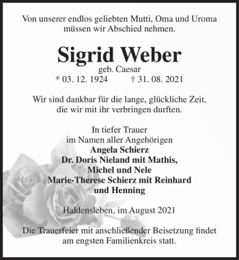 Traueranzeige von Sigrid Weber (geb. Caesar)  von Magdeburger Volksstimme