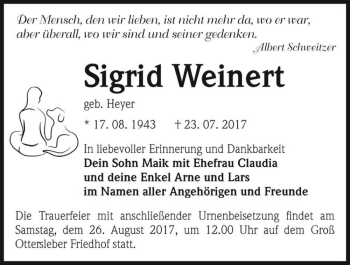 Traueranzeige von Sigrid Weinert (geb. Heyer)  von Magdeburger Volksstimme