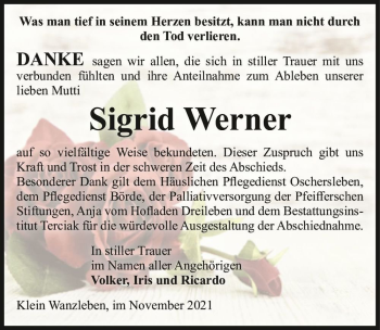Traueranzeige von Sigrid Werner  von Magdeburger Volksstimme
