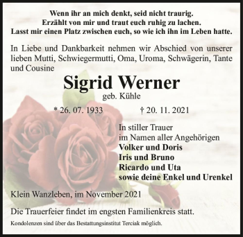 Traueranzeige von Sigrid Werner (geb. Kühle)  von Magdeburger Volksstimme