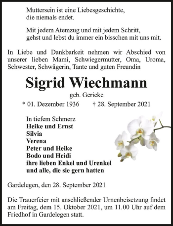 Traueranzeige von Sigrid Wiechmann (geb. Gericke)  von Magdeburger Volksstimme