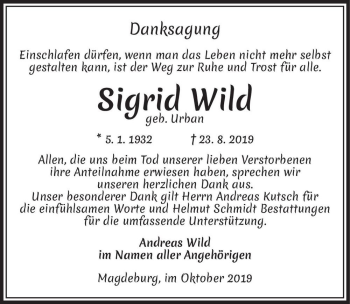 Traueranzeige von Sigrid Wild (geb. Urban)  von Magdeburger Volksstimme