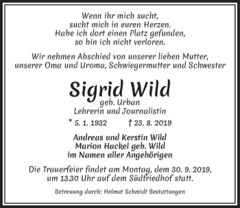 Traueranzeige von Sigrid Wild (geb. Urban)  von Magdeburger Volksstimme