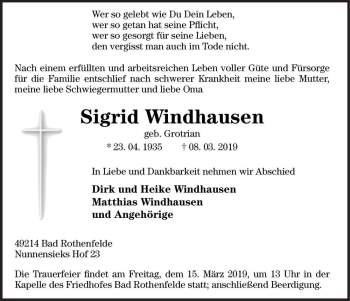 Traueranzeige von Sigrid Windhausen (geb. Grotrian)  von Magdeburger Volksstimme
