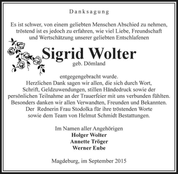 Traueranzeige von Sigrid Wolter (geb. Dömland)  von Magdeburger Volksstimme