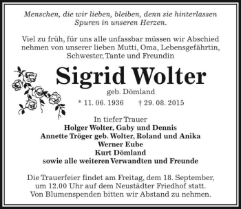 Traueranzeige von Sigrid Wolter (geb. Dömland)  von Magdeburger Volksstimme