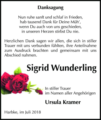Traueranzeige von Sigrid Wunderling  von Magdeburger Volksstimme