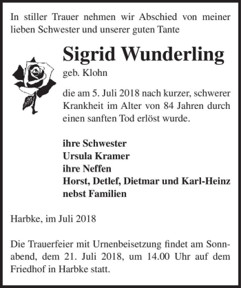 Traueranzeige von Sigrid Wunderling (geb. Klohn)  von Magdeburger Volksstimme