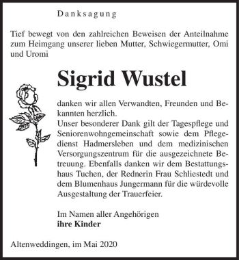 Traueranzeige von Sigrid Wustel  von Magdeburger Volksstimme