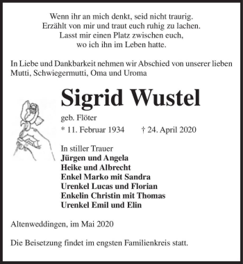 Traueranzeige von Sigrid Wustel (geb. Flöter)  von Magdeburger Volksstimme