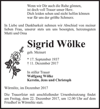 Traueranzeige von Sigrid Wölke (geb. Meinert)  von Magdeburger Volksstimme