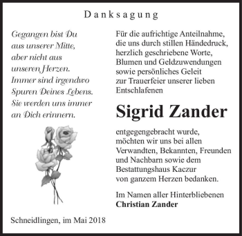 Traueranzeige von Sigrid Zander  von Magdeburger Volksstimme