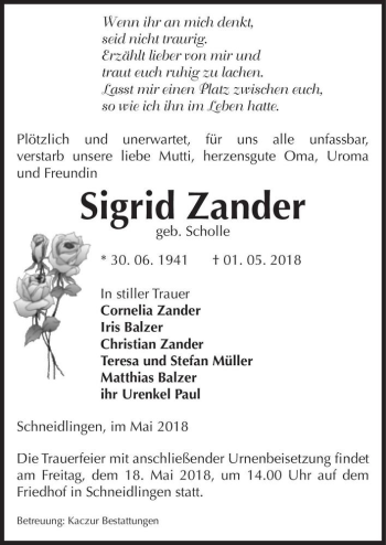 Traueranzeige von Sigrid Zander (geb. Scholle)  von Magdeburger Volksstimme