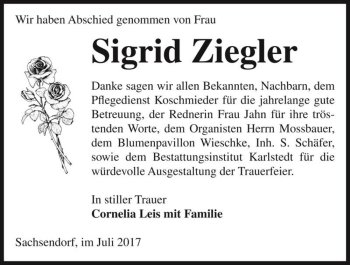 Traueranzeige von Sigrid Ziegler  von Magdeburger Volksstimme