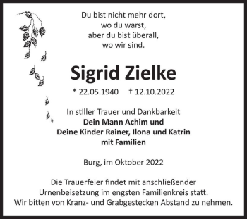 Traueranzeige von Sigrid Zielke  von Magdeburger Volksstimme