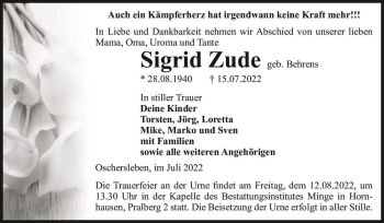 Traueranzeige von Sigrid Zude (geb. Behrens)  von Magdeburger Volksstimme