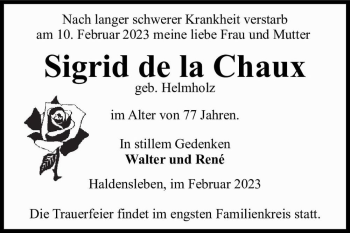 Traueranzeige von Sigrid de La Chaux (geb. Helmholz)  von Magdeburger Volksstimme
