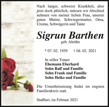 Traueranzeige von Sigrun Barthen (geb. Aleithe)  von Magdeburger Volksstimme